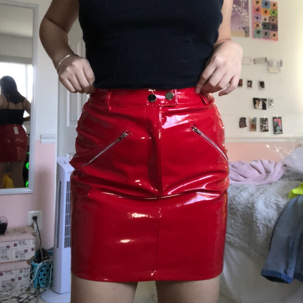 Red Faux Leather Skirt
